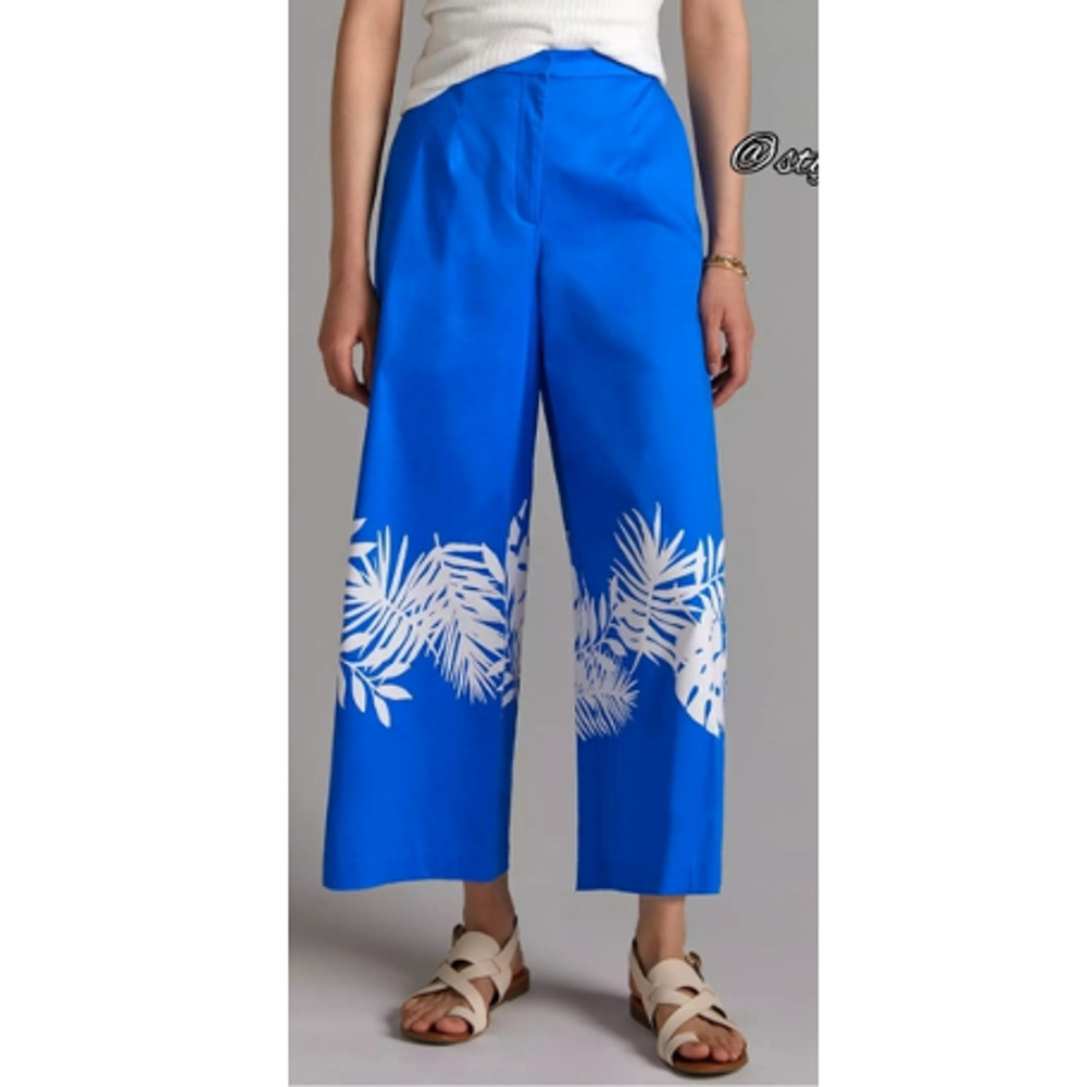 HUTCH Anthropologie Women's Blue Palm Frond Wide-Leg Pants Size 8